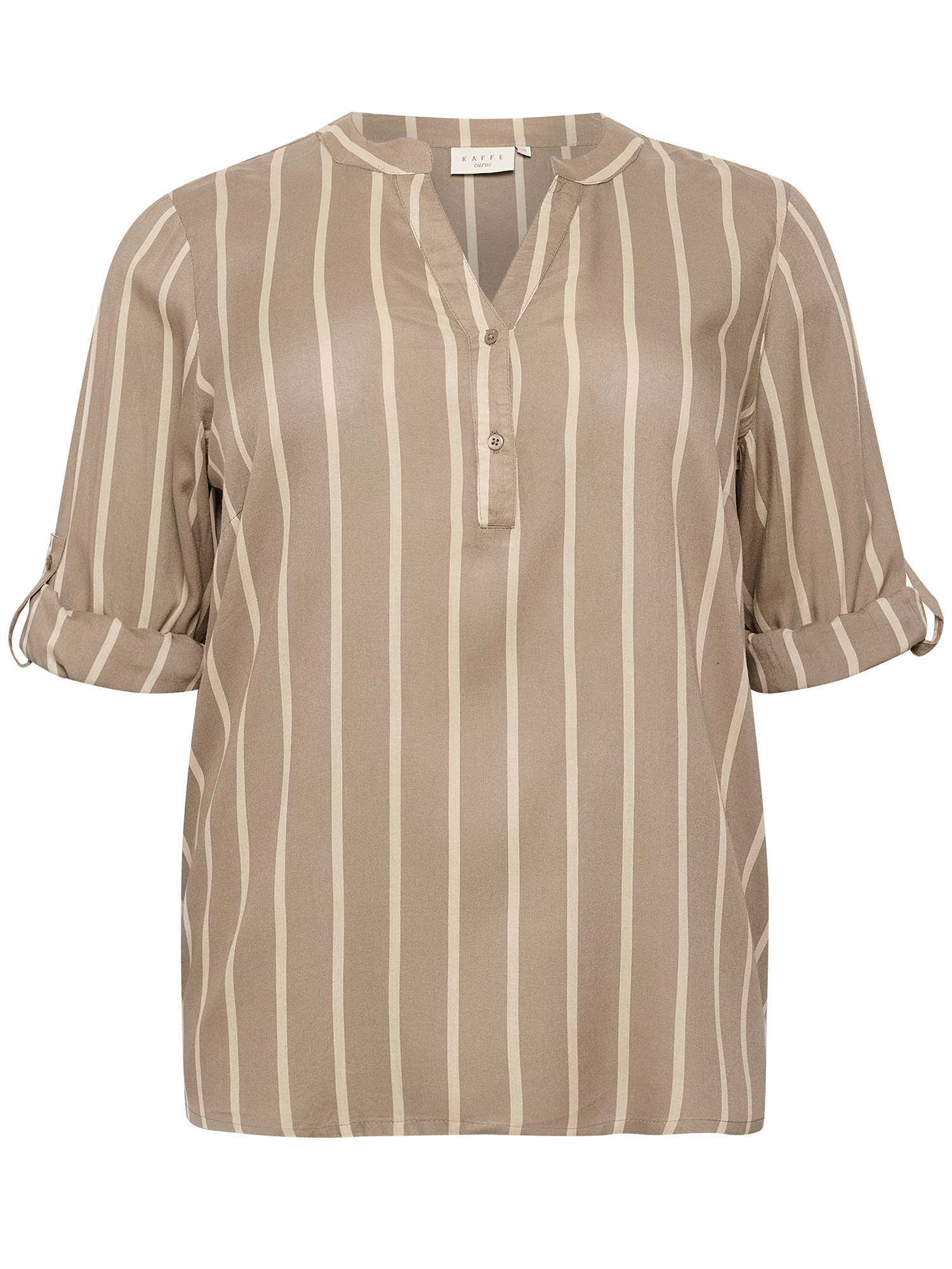 SIDA - Sandfarvet viskose bluse med beige striber fra Kaffe Curve