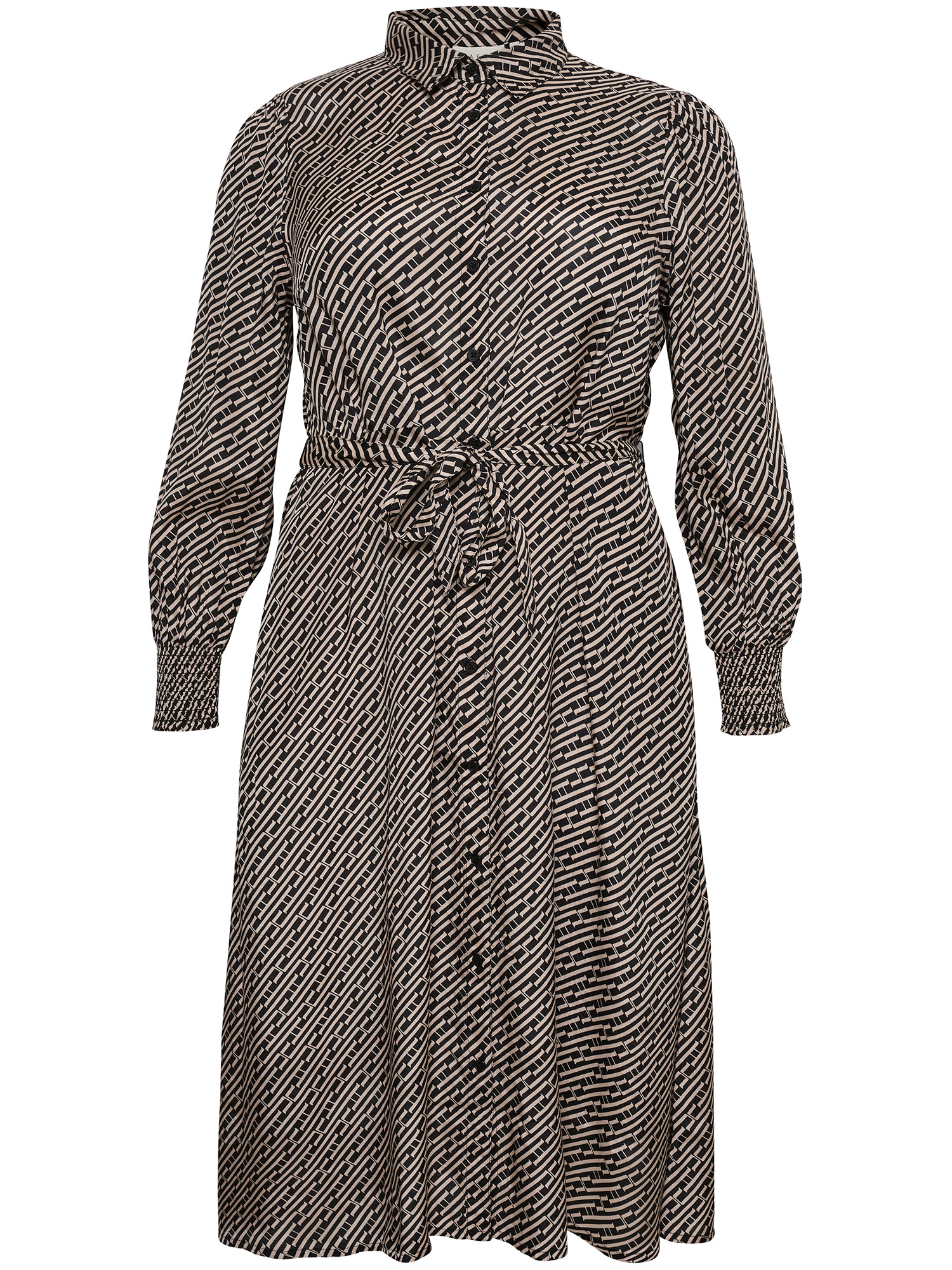 NANNI - Sort viskose skjorte kjole med blank overflade og beige mønster fra Kaffe Curve