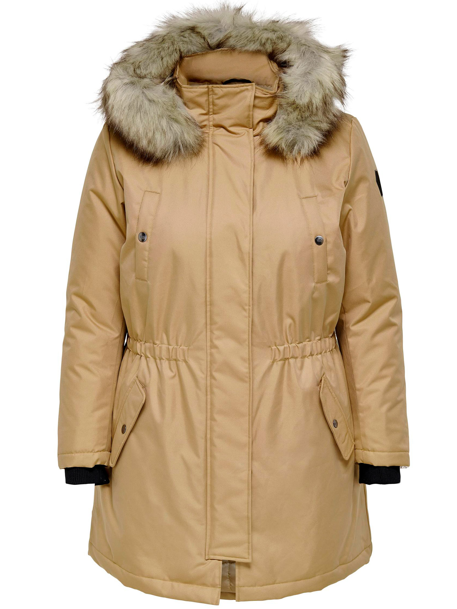 IRENA - Sandfarvet vinter jakke med hætte og aftagelig pels fra Only Carmakoma