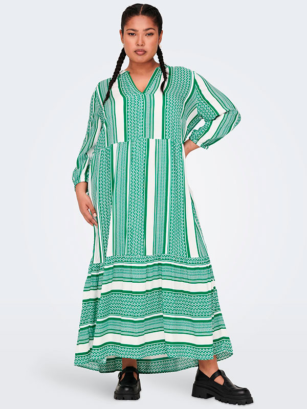 MARRAKESH  - Lang viskose kjole i hvid og grønt mønster fra Only Carmakoma