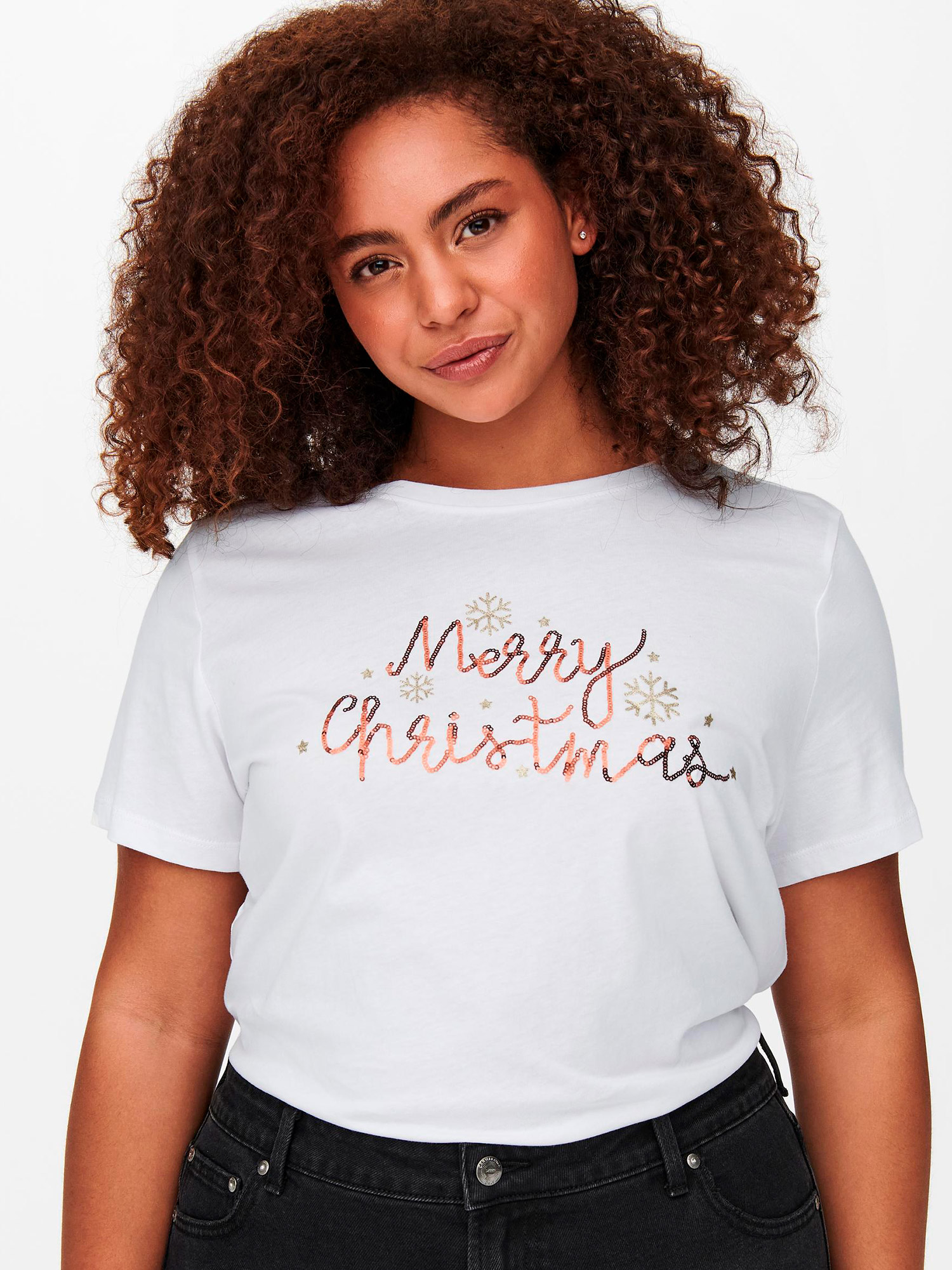 Hvid bomulds t-shirt med jule print fra Only Carmakoma