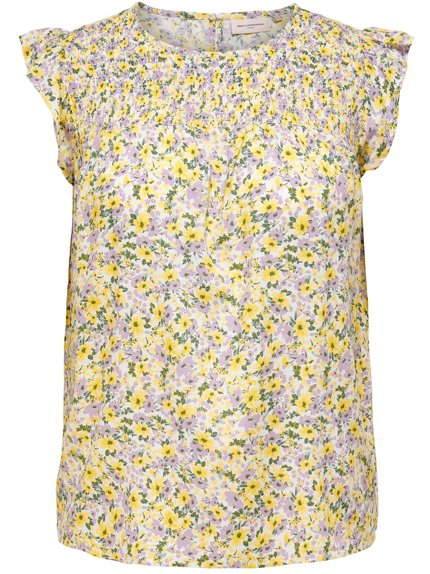 Carsino - Råhvid bluse med flotte gule og lilla blomster fra Only Carmakoma