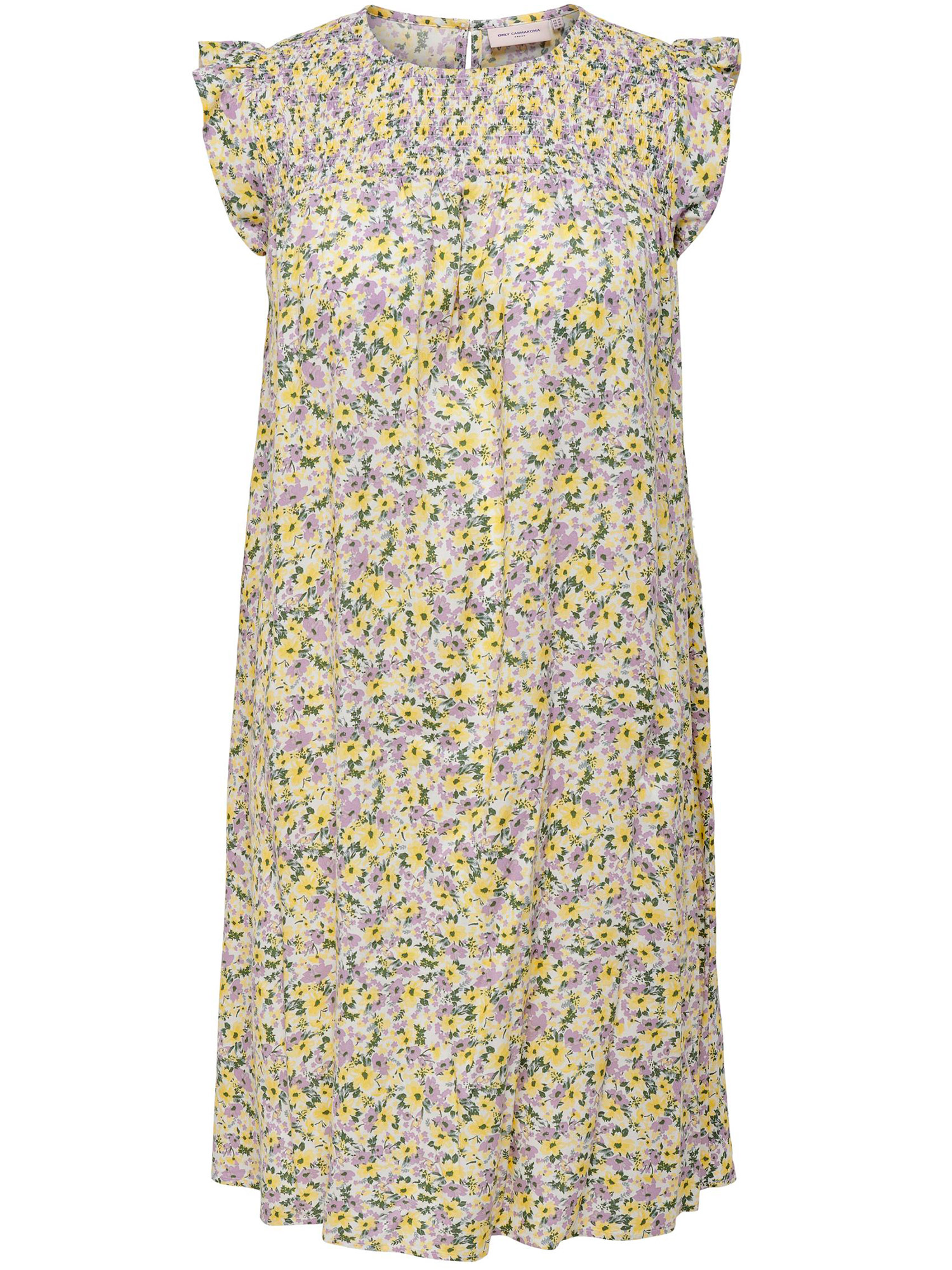 Carsino - Råhvid kjole med flotte gule og lilla blomster fra Only Carmakoma