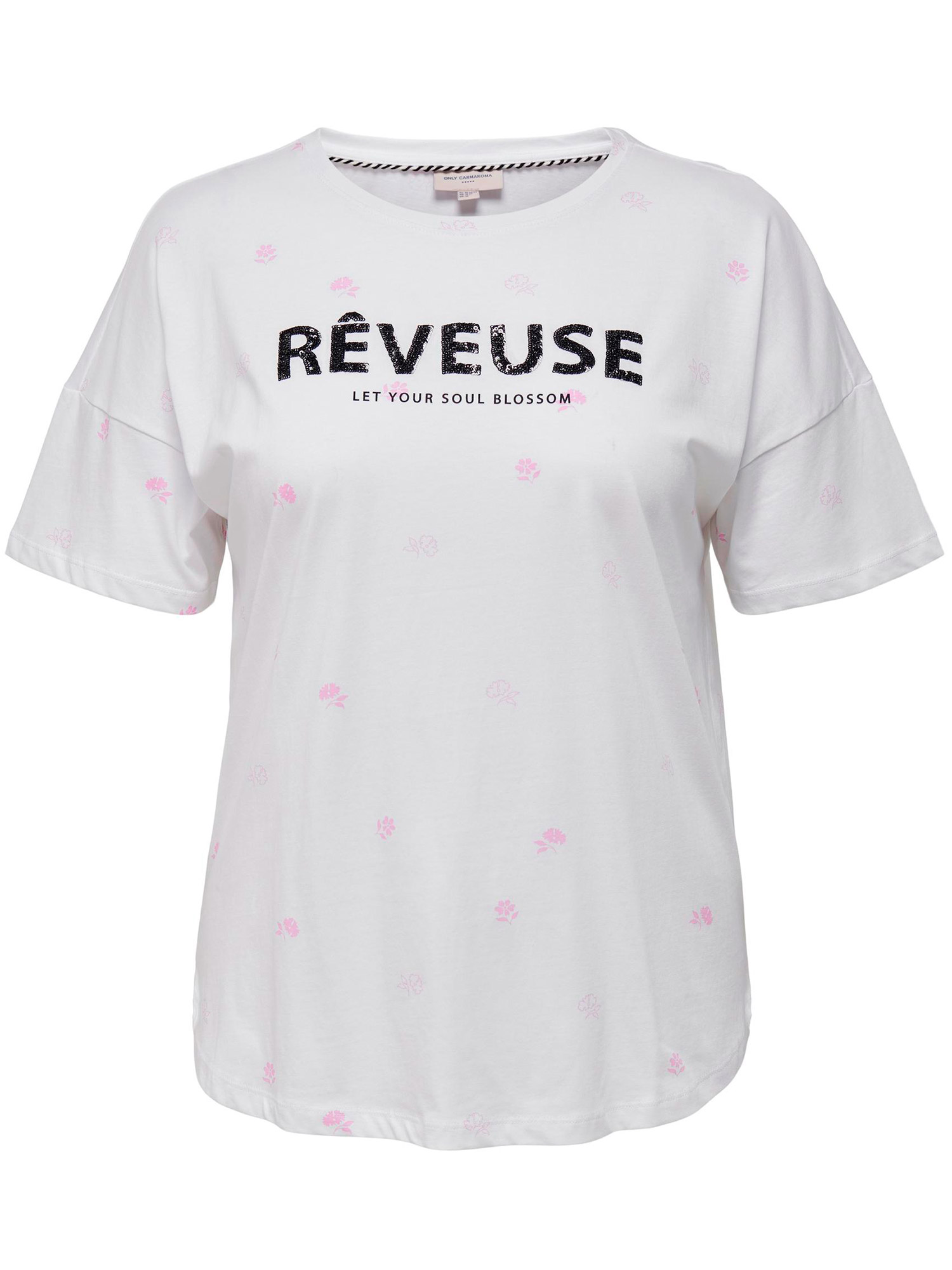 Carreese - Hvid t-shirt i bomulds jersey med lyserøde blomster og sorte pailletter  fra Only Carmakoma