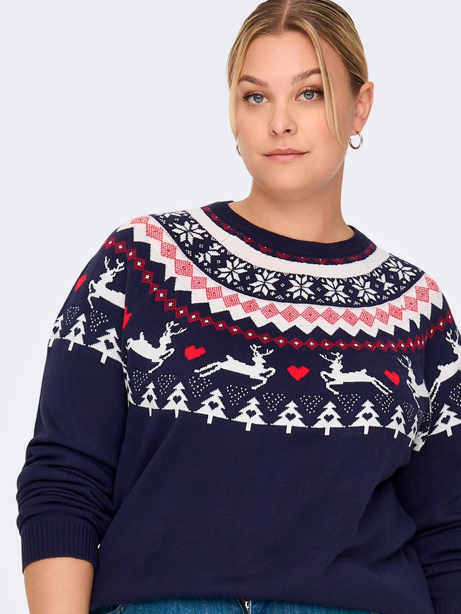 SNOW - Blå strik bluse med jule mønster fra Only Carmakoma