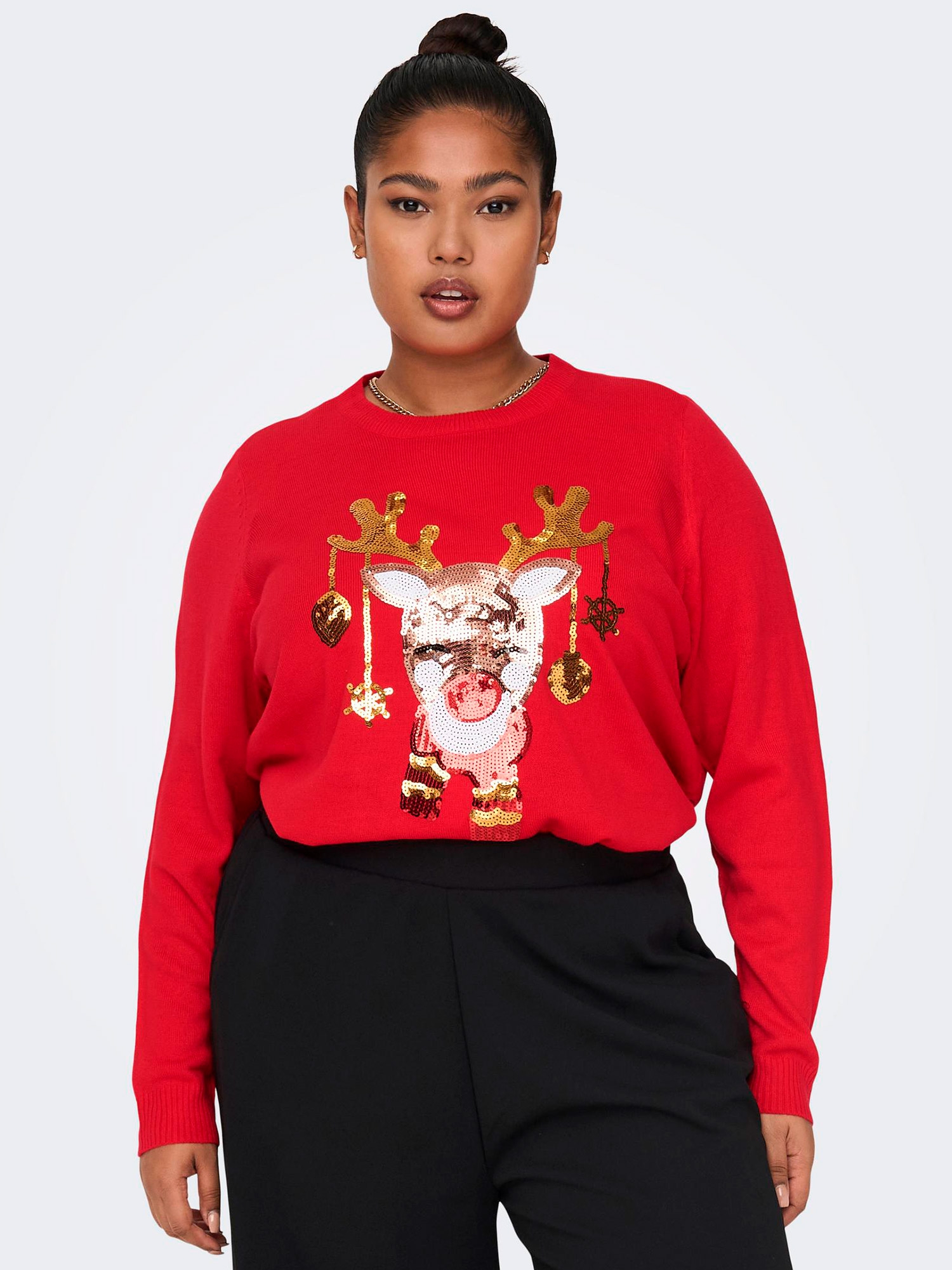 JINGLEBELL - Rød strik bluse med paillet jule motiv fra Only Carmakoma
