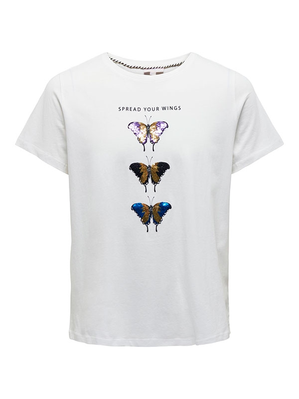 KITI - Hvis bomulds T-shirt med glitter palliet sommerfugle  fra Only Carmakoma