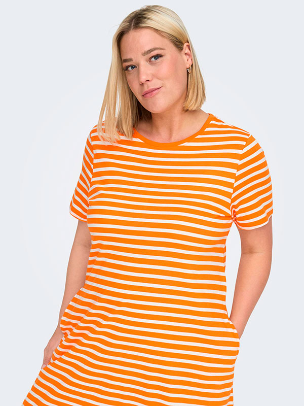 MAY - Hvid bomulds kjole med orange striber fra Only Carmakoma