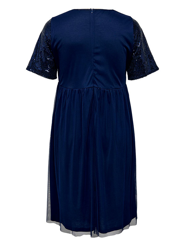 LUNAS - Blå kjole med pailetoverdel og skørt i to lag fra Only Carmakoma
