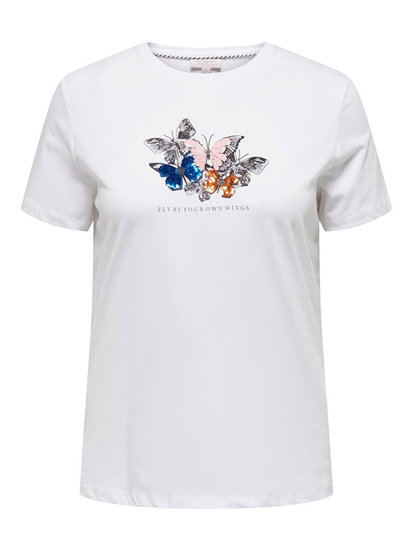 KITI LIFE - Hvid T-shirt i økologisk bomuld med giltter sommerfugle af palietter fra Only Carmakoma