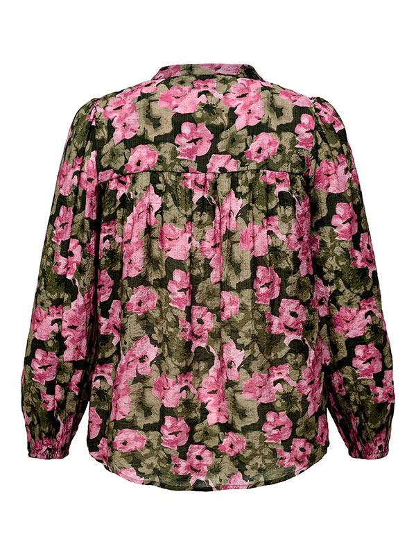 ELONA - Grøn chiffon bluse med lyserøde blomster  fra Only Carmakoma