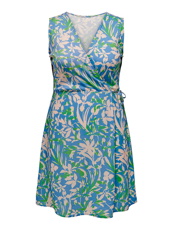 PIORA - Blå og grøn viskose kjole med kryds-over effekt  fra Only Carmakoma