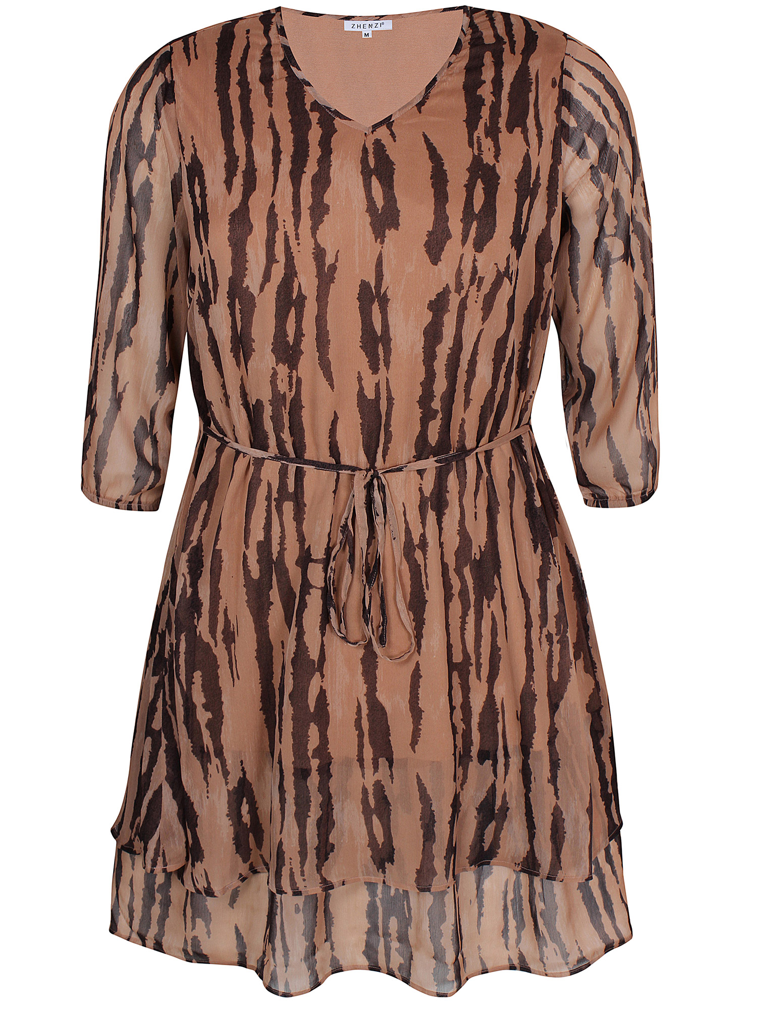 PALOMA - Lysebrun chiffon kjole med mørkt mønster fra Zhenzi
