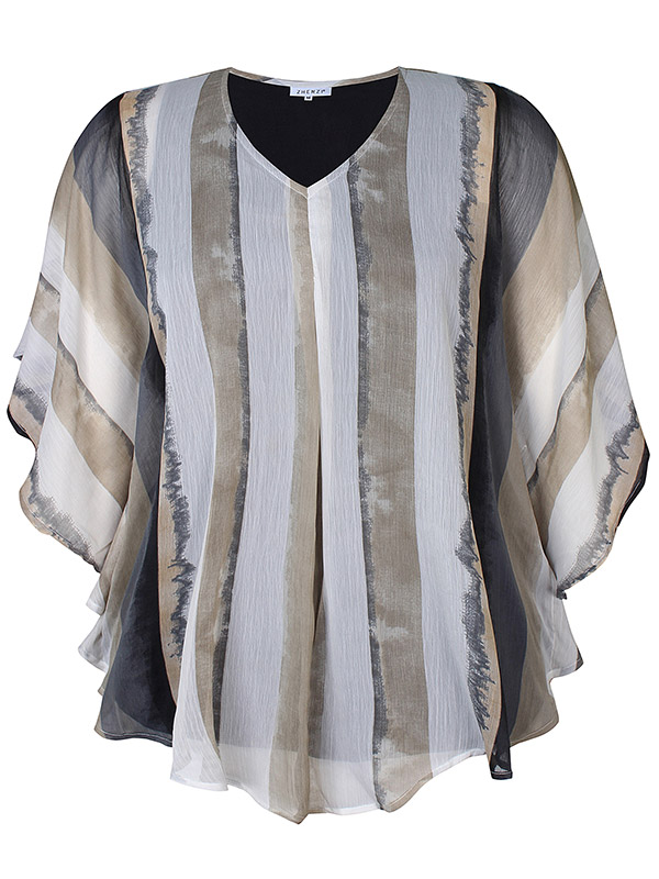 DESIREE - Sort viskose bluse med chiffon overdel i grå toner med flagermus ærmer fra Zhenzi