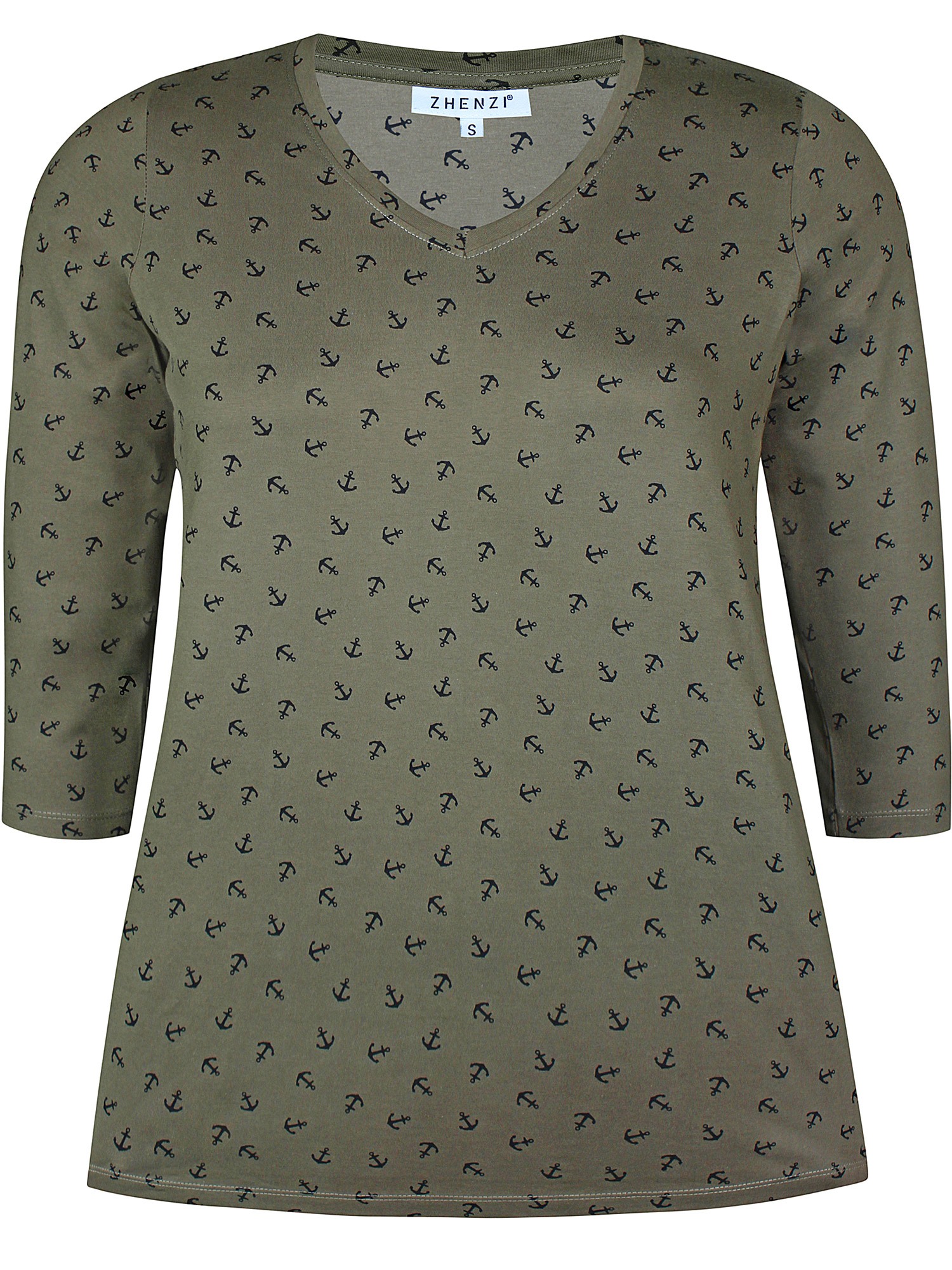 ALBERTA - Olivengrøn jersey bluse med sorte anker fra Zhenzi