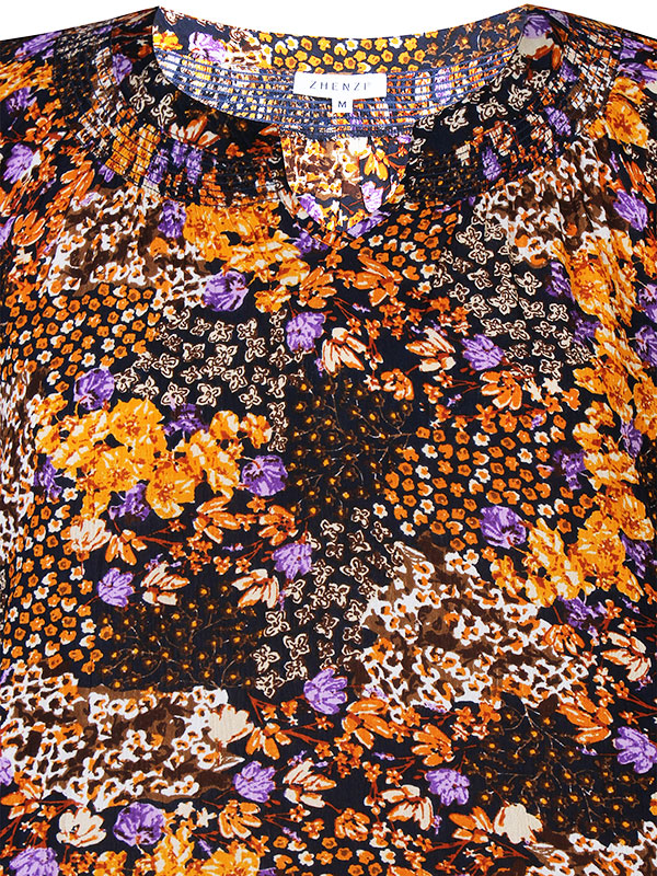 Viskose kjole med orange og lilla blomster fra Zhenzi