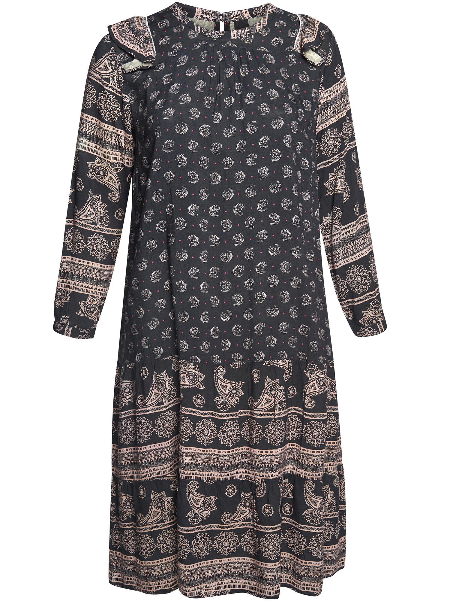 Lang sort viskose kjole med print og flæsekant fra Adia