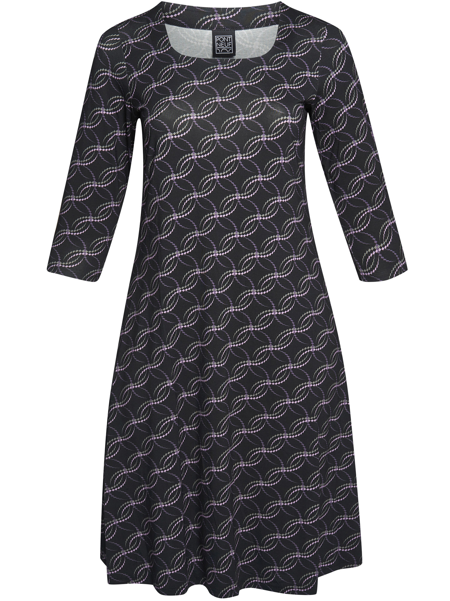 Meranda - Flot sort kjole i viskose jersey med fint lilla og grønt mønster fra Pont Neuf