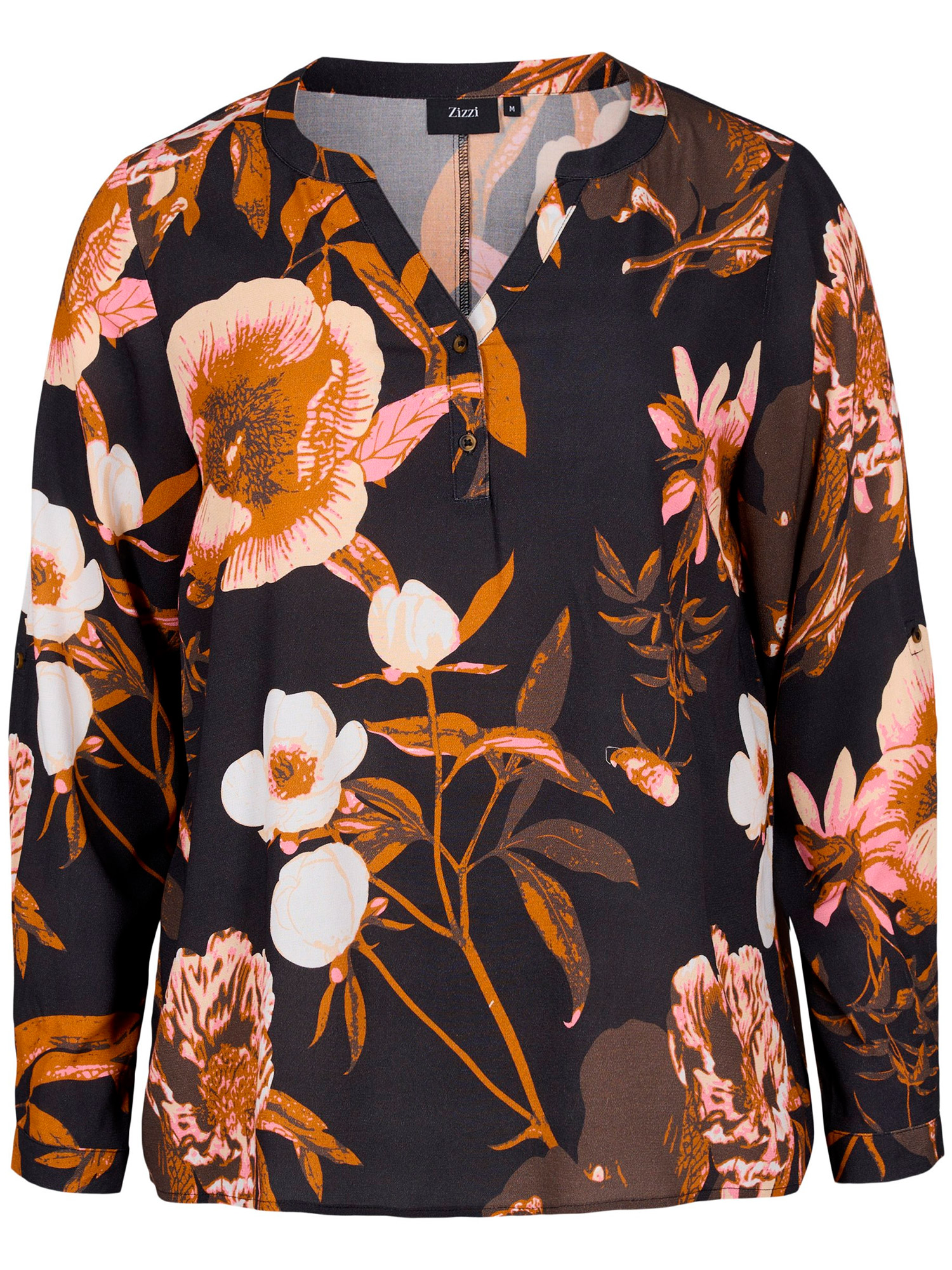 Skøn sort viskose bluse med flot blomster print fra Zizzi