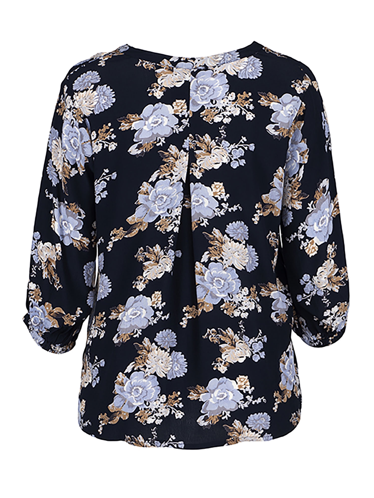 GRETHE - Viskose bluse med V-hals i marine blå viskose med flot blomasterprint fra Gozzip