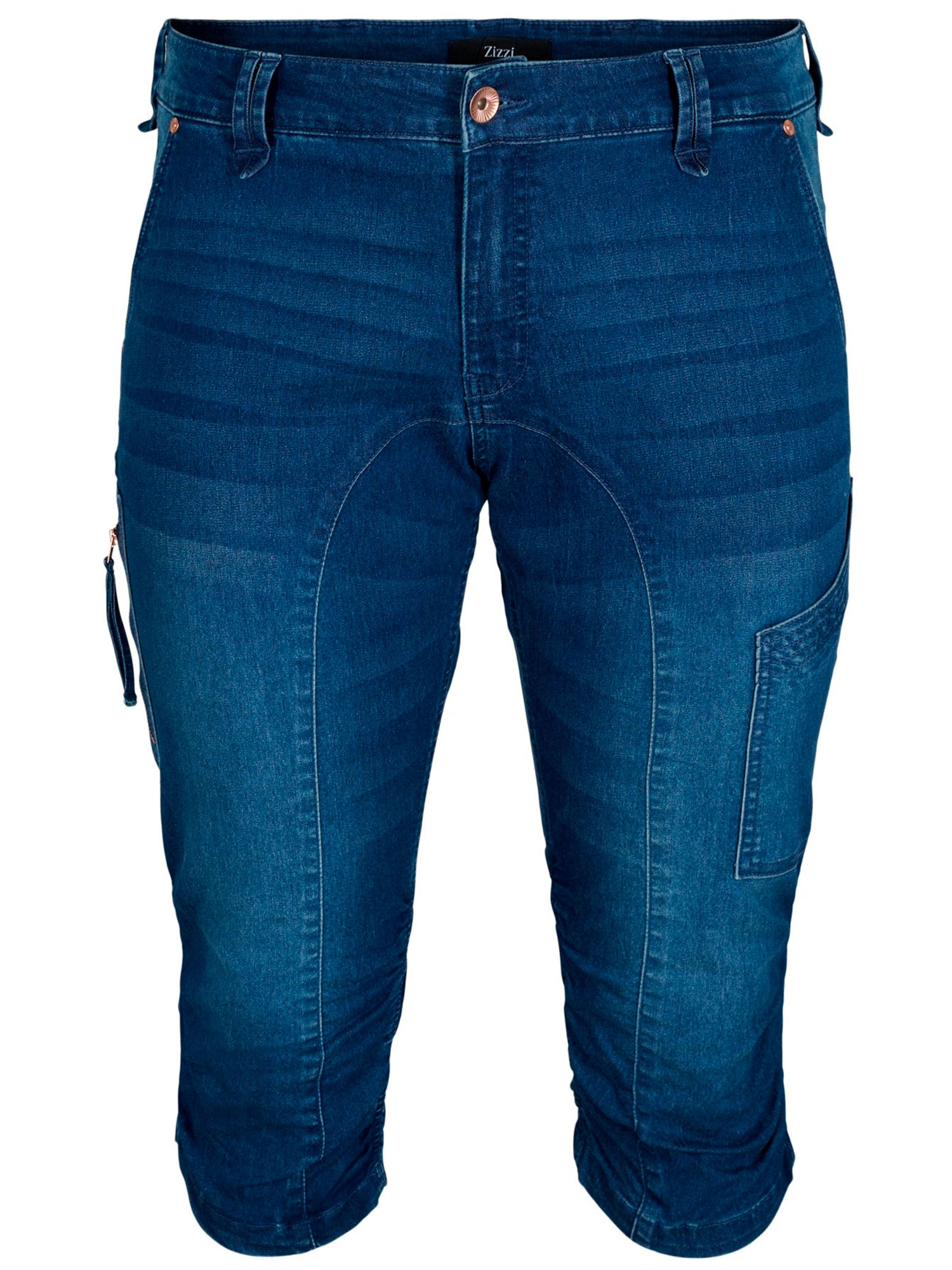 Mørk denim capri med lynlås- og rynkedetalje fra Zizzi