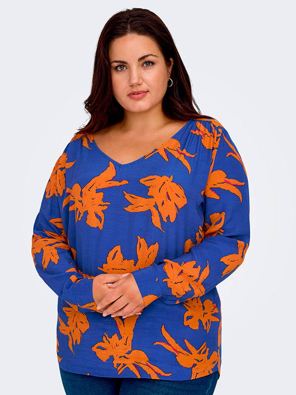 DAGNY - Blå bluse med orange print  fra Only Carmakoma