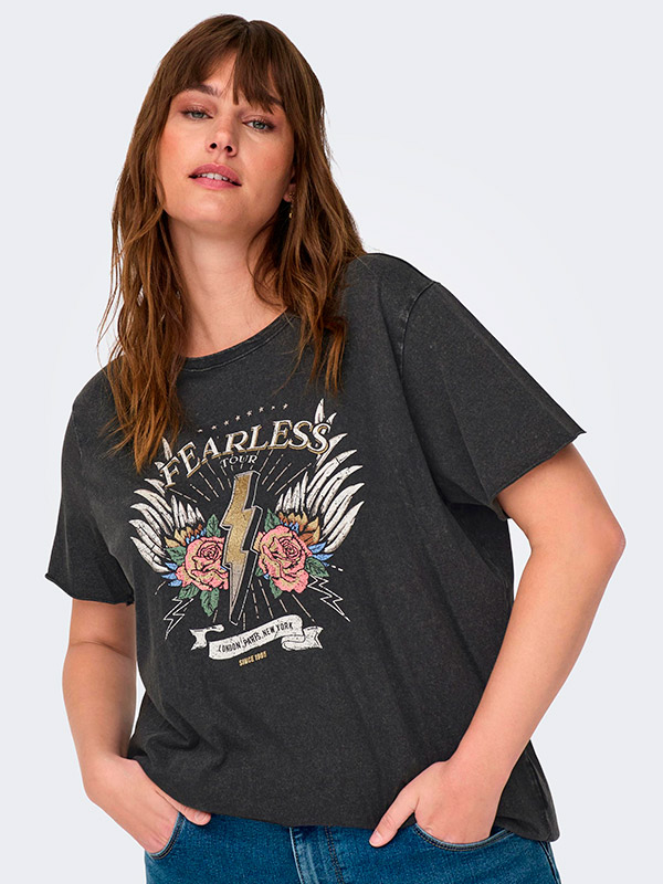 MIKO - Grå meleret bomulds T-shirt med print fra Only Carmakoma
