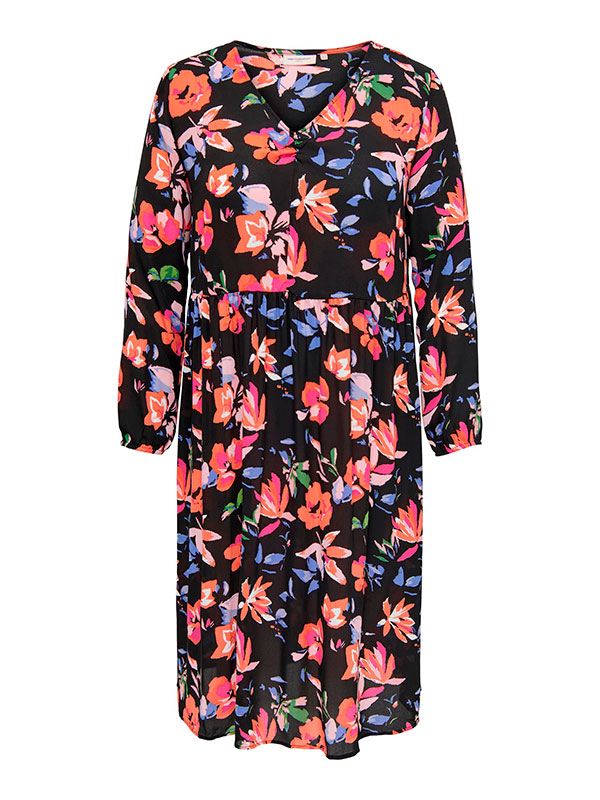 ALMA LIFE - Lang sort kjole med V-hals og smukke blomster fra Only Carmakoma