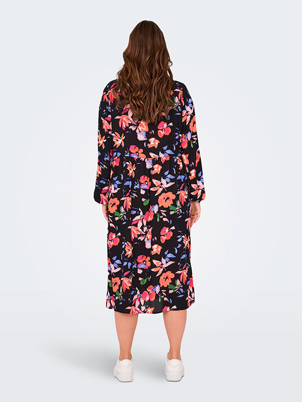 ALMA LIFE - Lang sort kjole med V-hals og smukke blomster fra Only Carmakoma