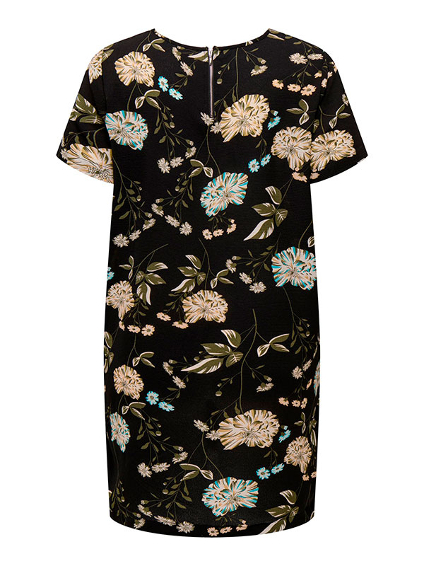 LUXMIE - Sort kjole med korte ærmer og blå og lyse blomster fra Only Carmakoma