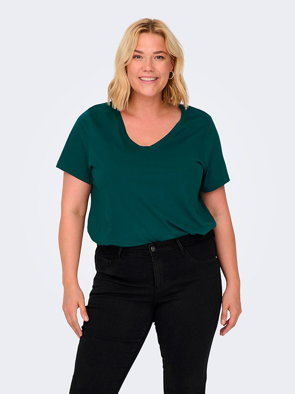 BONNIE- Mørk grøn T-shirt med V-hals fra Only Carmakoma