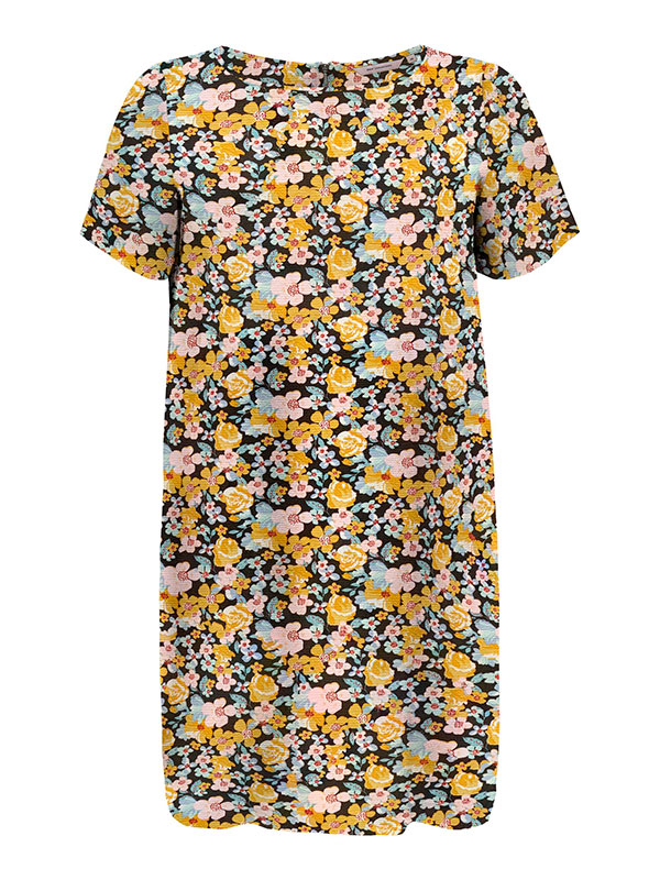 LUXMIE - Kort ærmet kjole med sort og gul blomsterprint fra Only Carmakoma