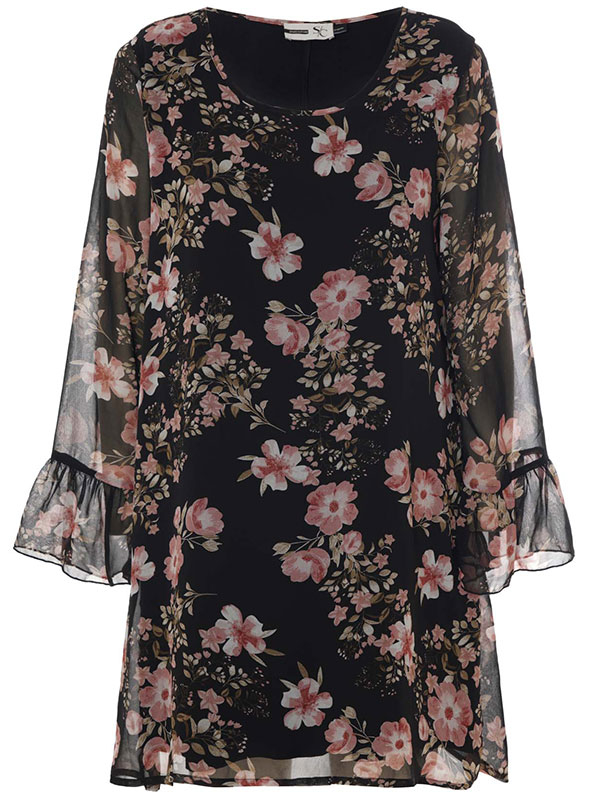 HEDDA - Sort chiffon kjole med blomster og blød viskose jersey underkjole fra Studio