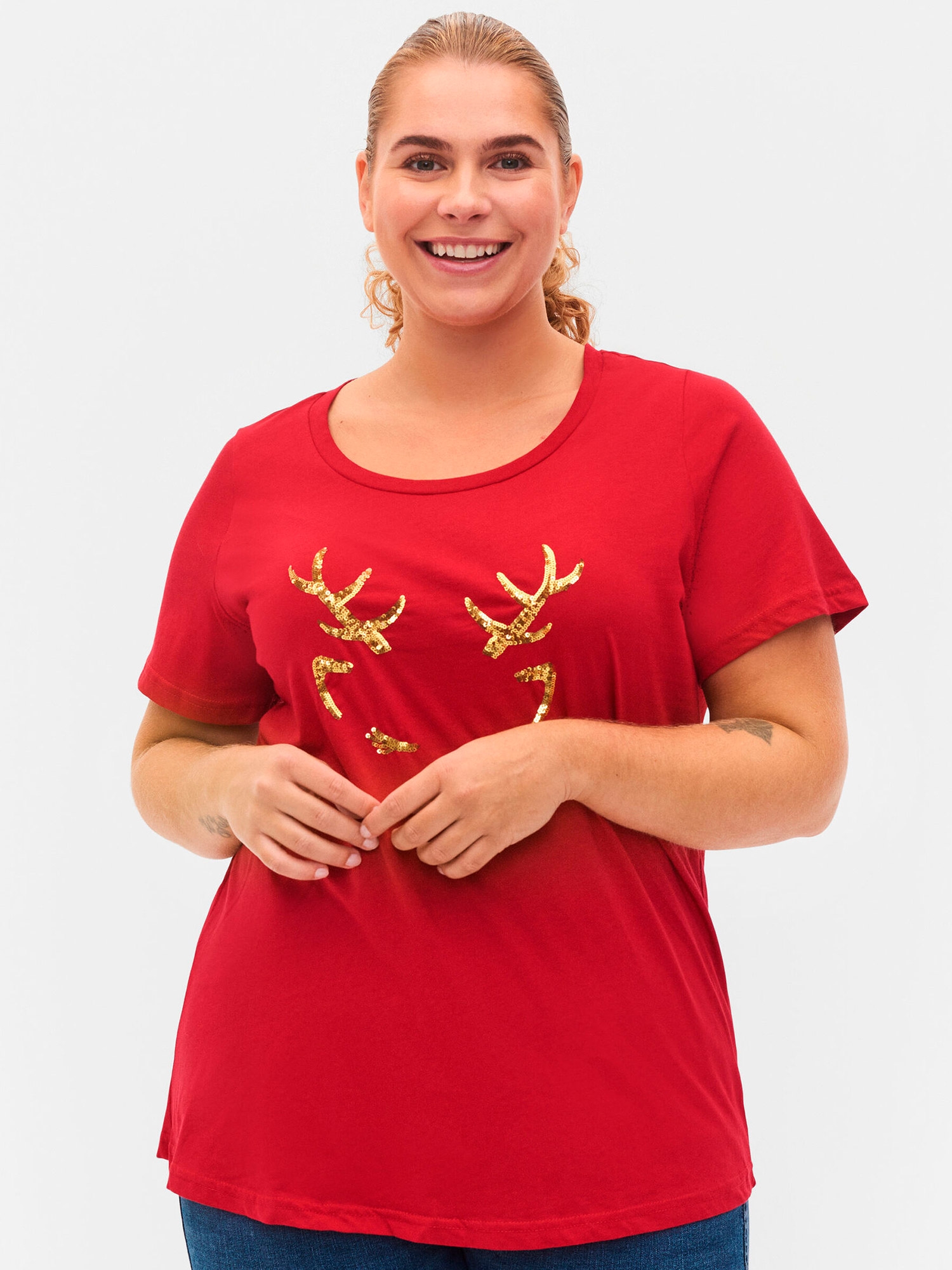 Rød bomulds t-shirt med jule motiv i pailletter fra Zizzi