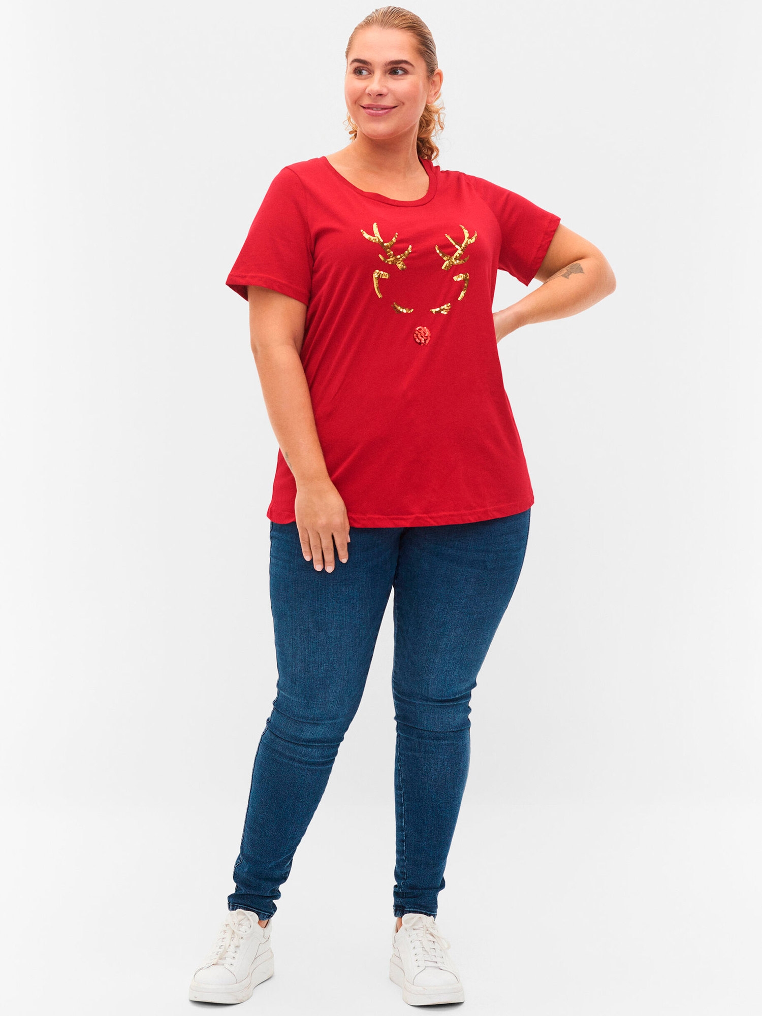 Rød bomulds t-shirt med jule motiv i pailletter fra Zizzi