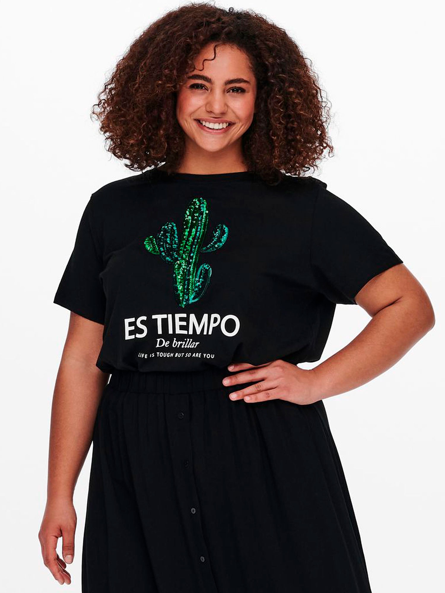 Billede af Only Carmakoma Sort t-shirt med kaktus print i pailletter, 46-48 / M