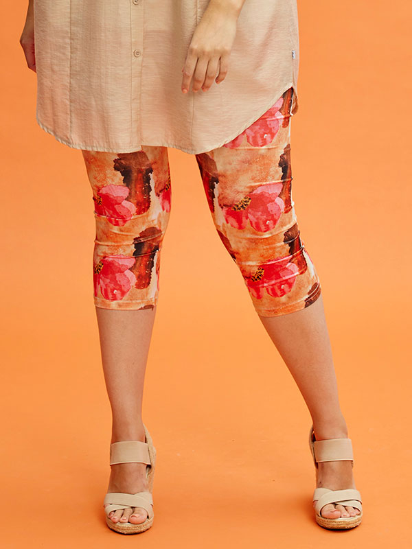 Zhenzi SUSA - Orange 3/4 leggings med blomsterprint, 46-48 / M