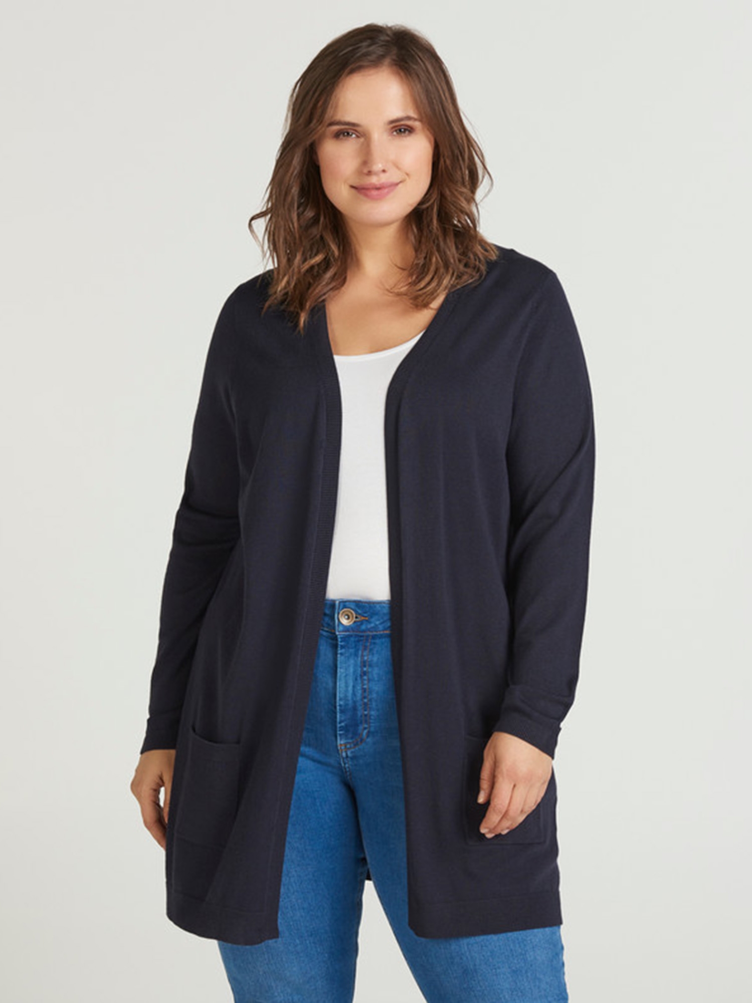 binde moronic Køre ud Zizzi Lang blå strik cardigan med lommer, 54-56 / XL female 54-56 / XL ⋆  299.00 DKK