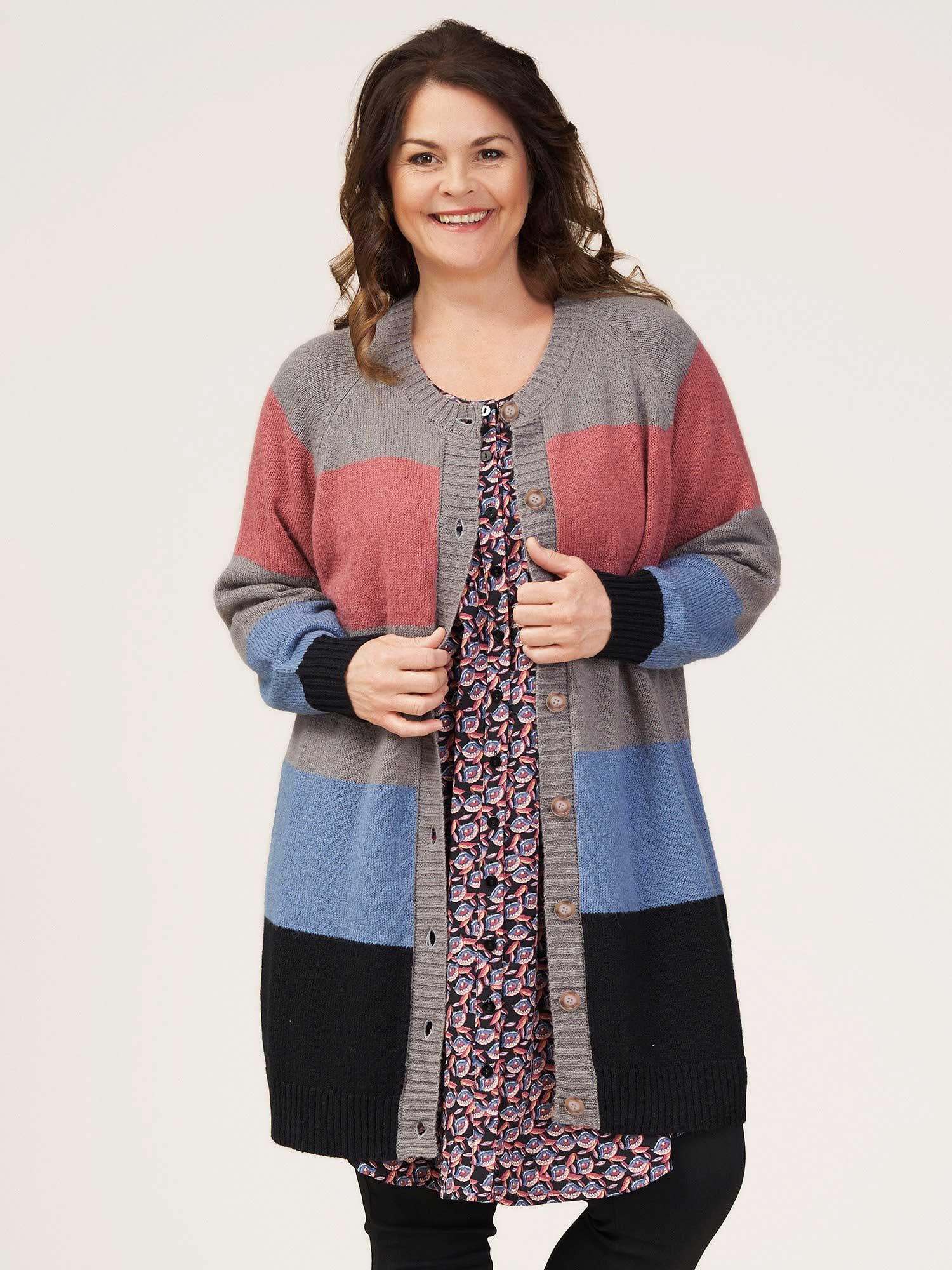 koste mor hård Gozzip Marian - Lun strik cardigan med brede striber i blå, grå og rosa,  50-56 / L-XL female 50-56 / L-XL ⋆ 699.00 DKK