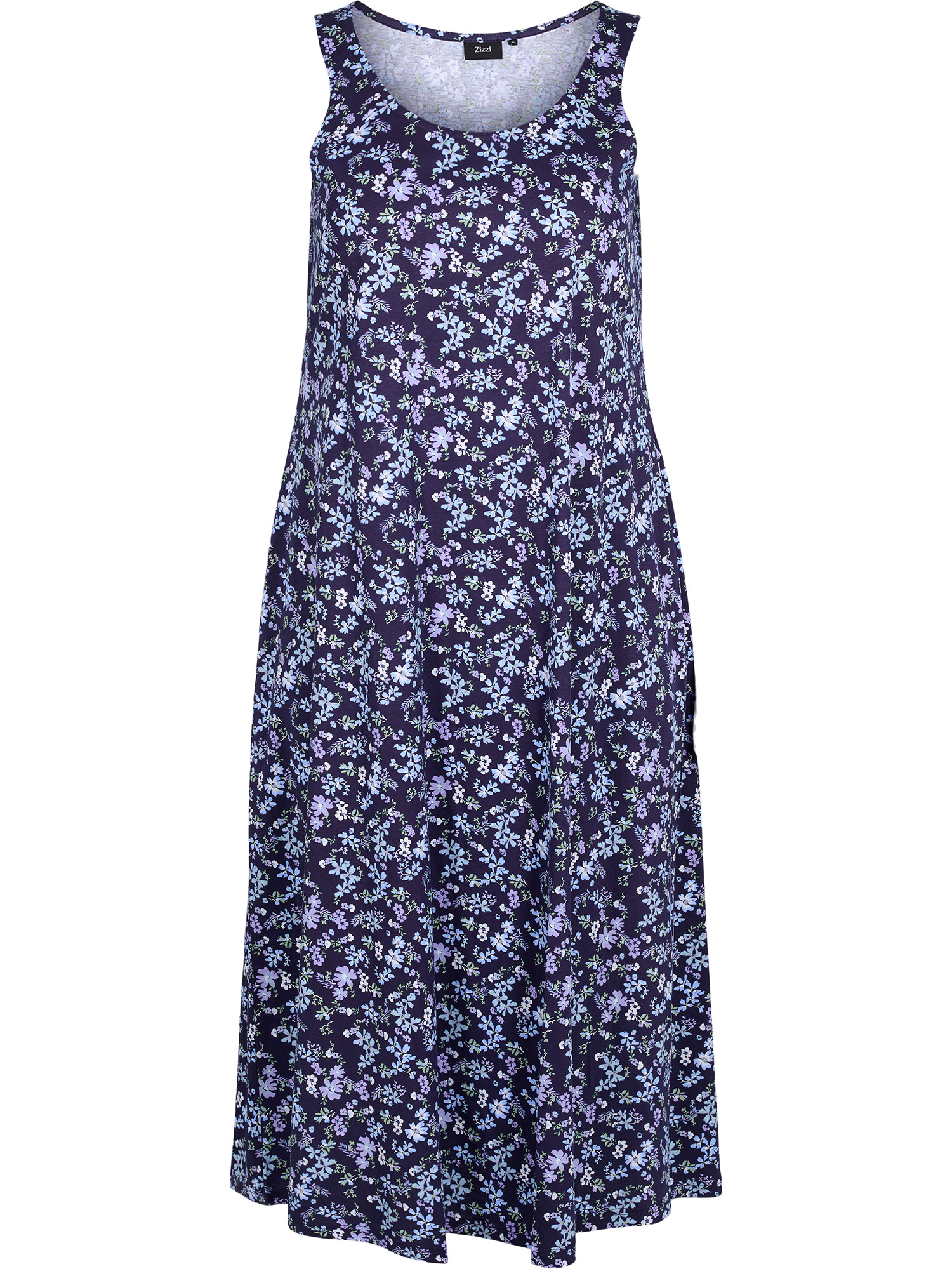 Billede af Zizzi Blå bomulds kjole med fine blomster, 58-60 / XXL