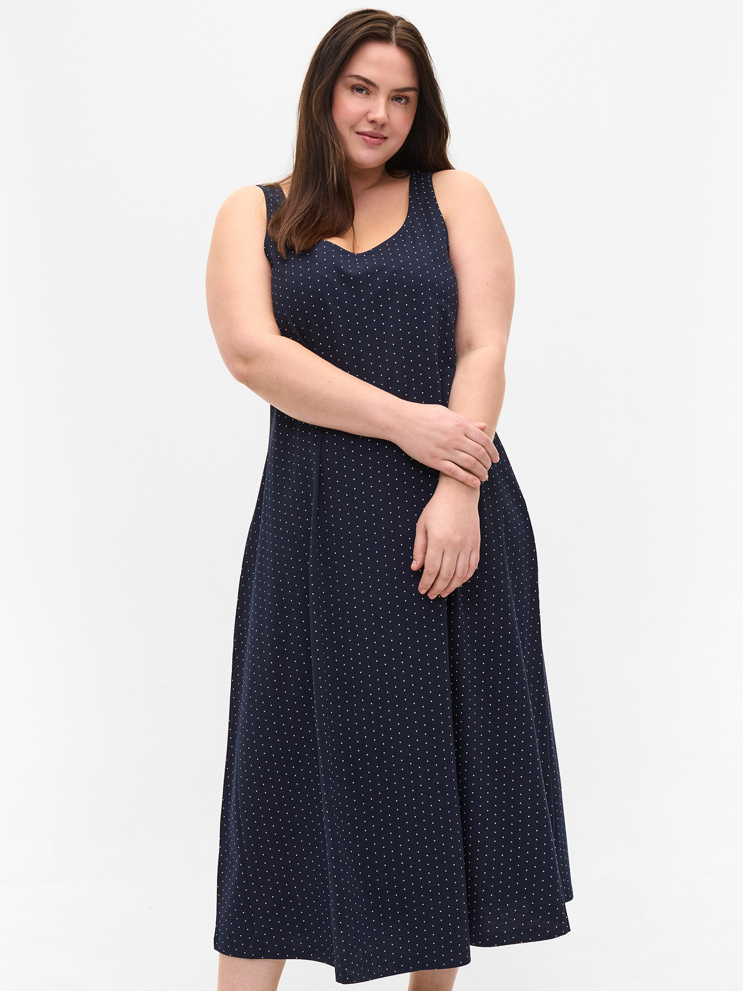 Billede af Zizzi Mørkeblå bomulds kjole med hvide prikker, 58-60 / XXL