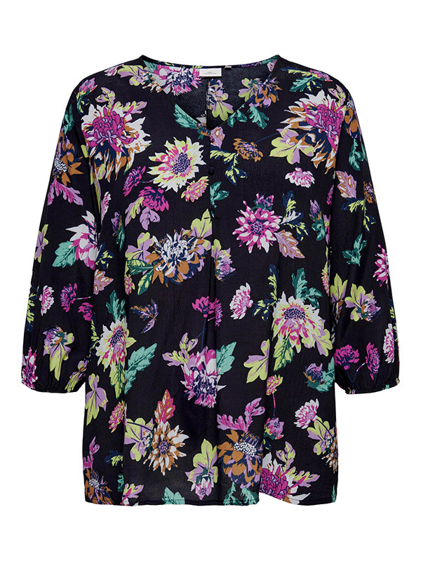 PIONA - Svart chiffong bluse med lilla blomster 