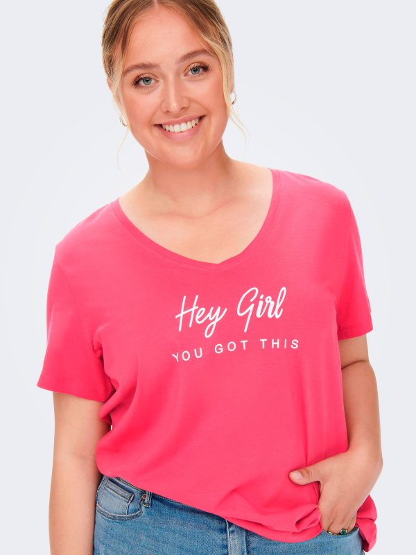 Carlotti - Pink bomulds t-shirt med hvid tryk fra Only Carmakoma