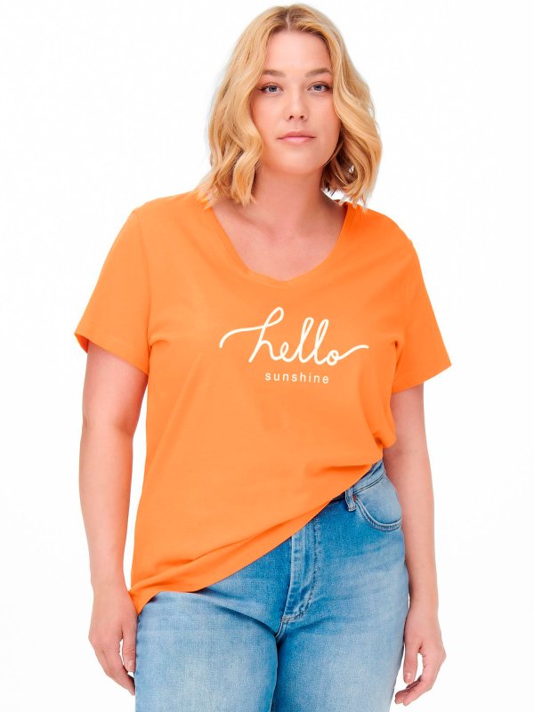 Carlotti - Orange bomulds t-shirt med hvid tryk fra Only Carmakoma