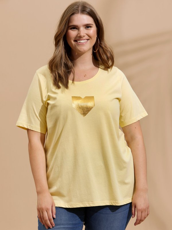 Gul t-shirt i lækker økologisk bomuld med guld tryk fra Zhenzi