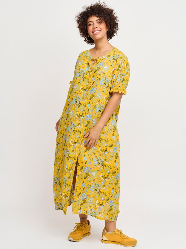 Skøn gul viskose kjole med flot print fra Adia