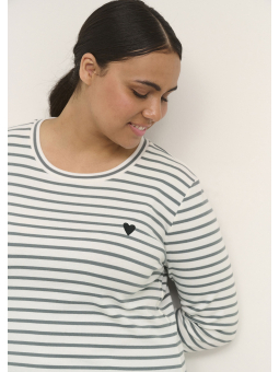 Kaffe Curve KC LIA - Hvid langærmet T-shirtmed fine grønne striber og broderet hjerte