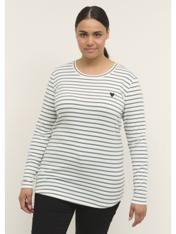 Kaffe Curve KC LIA - Hvid langærmet T-shirtmed fine grønne striber og broderet hjerte