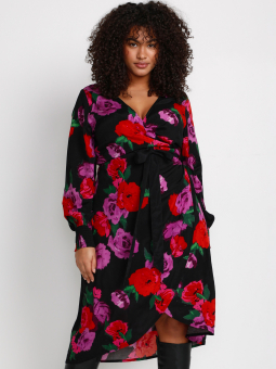 FLORISA - Sort viskose skjorte kjole med store blomster print