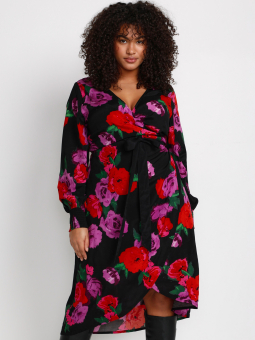 Kaffe Curve ROSALIA - Sort viskose slå-om kjole med blank overflade og blomster